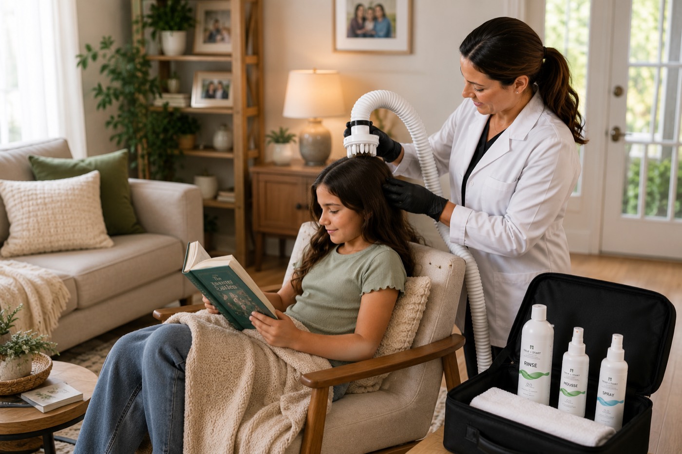 A child reading calmly at home while a Head Start technician treats her hair