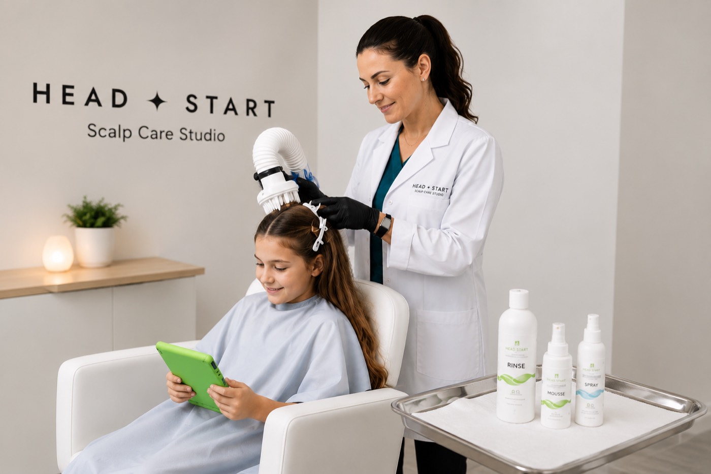 A relaxed child at the Head Start scalp-care studio while a technician checks her hair